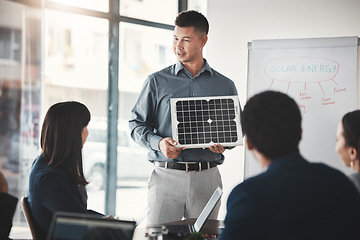 Image showing Solar panels, sustainability and man expert in presentation, pitch and conference about renewable energy meeting. Businessman, briefing and teaching corporate people sustainable electricity