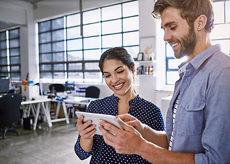 Image showing Office tablet, team and happy people reading positive data analysis, social media statistics or customer experience insight. Brand monitoring software, ui collaboration and teamwork on web analytics