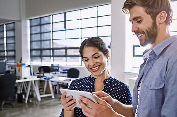 Image showing Tablet, business team and happy people reading positive data analysis, social media statistics or customer experience insight. Brand monitoring software, ui collaboration or teamwork on web analytics