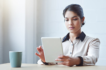 Image showing Business woman, tablet and thinking in office with vision, internet research and strategy for goals. Young executive, computer and brainstorming for ideas, focus and website management in workplace