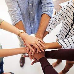 Image showing Business people, hands and unity in collaboration for teamwork, goal or diversity above at the workplace. Hand of group piling in team trust for community, motivation or agreement together