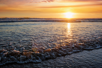 Image showing Atlantic ocean sunset with surging waves at Fonte da Telha beach, Portugal