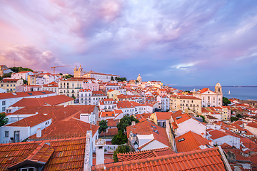 Image showing View of Lisbon from Miradouro de Santa Luzia viewpoint on sunsets. Lisbon, Portugal