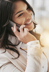 Image showing Business woman, phone call and communication with smile, networking and telecom with professional deal negotiation. Happy female employee, corporate and conversation with contact and connection