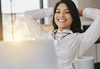 Image showing Relax, happy and business woman with laptop in office complete, done and finished with online project. Productivity, smile and female entrepreneur rest after working on computer, typing email or task