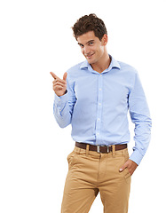 Image showing Mockup, pointing and portrait of man isolated, showing space for product placement for marketing or advertising. Hand gesture, idea and happy model presenting new deal in studio on white background.