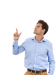 Image showing Mockup, space and business man pointing up at product placement for marketing or advertising. Hand gesture, idea and model presenting or showing info for deal isolated in studio on white background.