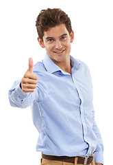 Image showing Thumbs up, satisfaction or studio portrait of businessman with emoji like gesture for congratulations, job well done or winner. Consultant agreement, yes hand sign or man isolated on white background