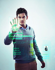 Image showing Security hologram, biometric fingerprint and man with handprint password for business identity check. Holographic digital transformation, future id dashboard and ui user with cybersecurity software