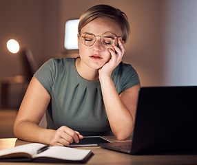 Image showing Tired, sleeping and burnout by business woman working at night in office on laptop for deadline, email or proposal. Sleep, exhausted and corporate employee suffering fatigue, workload and pressure