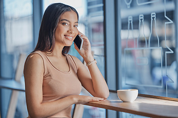 Image showing Woman, student and coffee shop portrait with phone call, smile and digital communication for date. Young gen z girl, smartphone conversation and excited face in cafe with happiness, relax and freedom