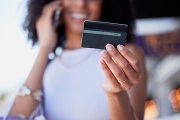 Image showing Shopping, credit card and phone call for woman with ecommerce, information and confirmation. Online payment, banking and membership for girl retail customer at a mall while checking credit score