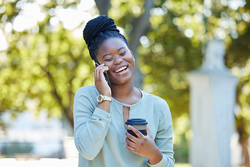 Image showing Black woman, phone communication and morning outdoor with blurred background and laughing. Smile, networking and business employee on a work break on a mobile conversation and discussion by trees