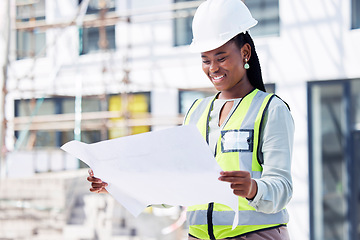 Image showing Architect, black woman and blueprint for building at a construction site, happy and positive mindset. Building, project manager and lady worker with paper, plan and idea for innovation or renovation