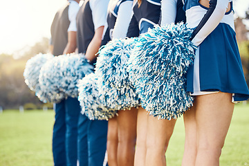 Image showing Cheerleader pom poms, backs and students in cheerleading uniform on a outdoor field. Athlete group, college sport collaboration and game cheer prep ready for cheering, stunts and fan applause