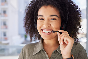 Image showing Portrait, call center and black woman with smile, success and training for telemarketing, headset and customer service. Face, African American female employee and happy consultant for tech support