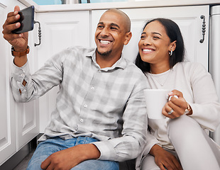 Image showing Selfie, black couple and morning in a kitchen happy about new real estate and property purchase. House, smile and happiness of young people together taking a social media profile photo for web app