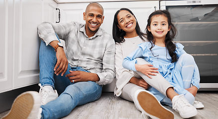 Image showing Family, portrait and kitchen of a mother, father and girl together at home on the ground. Mom, dad and child with parents love, care and support in a house feeling happiness and relax in the morning