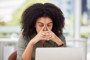 Image showing Work stress, headache and black woman worker with office burnout at computer with sinus issue. Laptop 404 glitch, accountant order problem and tax project anxiety of a employee feeling fatigue