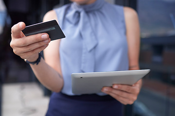 Image showing Businesswoman, hands and tablet with credit card for ecommerce, online shopping or banking outdoors. Hand of female holding touchscreen with 5G connection for internet purchase or app transaction