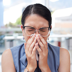 Image showing Business, flu and woman with tissue, sneeze and worker with health, wellness and illness in workplace. Female employee, manager and leader with toilet paper, allergy and disease in modern office