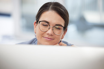 Image showing Happy, laptop and business woman thinking, planning and online in office with vision or idea. Contemplating, corporate and lady employee researching creative startup ideas for career, goal and agency