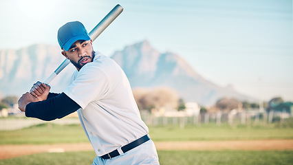 Image showing Baseball swing, athlete and mountains of a professional player from Dominican Republic outdoor. Sport field, bat and sports helmet of a man doing exercise, training and workout for a game with mockup