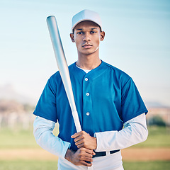 Image showing Portrait, baseball and bat with a sports black man outdoor on a field standing ready to play a competitive game. Fitness, exercise and training with a serious male athlete outside at a sport stadium