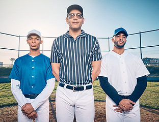 Image showing Baseball, team and coach in portrait on pitch, athlete and sports with teamwork, solidarity and men with confidence. Winner mindset with fitness and together in a community, motivation and training