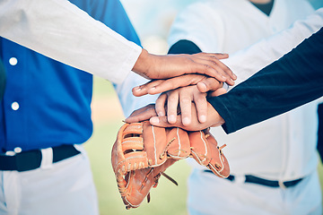 Image showing Hands together, baseball team and sport community support of softball group outdoor. Collaboration, teamwork and solidarity of sports people motivation on field for fitness, exercise and workout