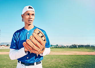 Image showing Mockup, baseball and man with glove, fitness and ready for game, confident and focus outdoor. Male athlete, gentleman and player with uniform, training and playing with endurance and determination