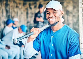 Image showing Baseball team, black man portrait and smile of a player in sports dugout ready for fitness. Exercise, sport training and happiness of an athlete at a stadium for workout, game and competition