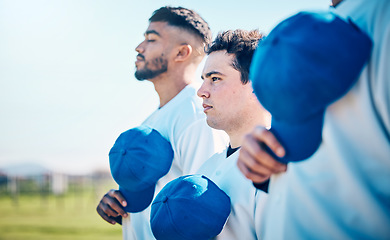 Image showing Baseball team, hat and sport with anthem, competition and respect with focus, motivation and solidarity for contest. Athlete men, sports and together with diversity, mindset and silent with pride