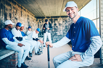 Image showing Baseball player, portrait and sports stadium dugout with softball team ready for ball game. Training, exercise and motivation of a young athlete from Dominican Republic with a smile for fitness