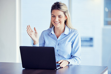 Image showing Business, woman and laptop for video call, connection and webinar with employee, happiness and greeting. Female entrepreneur, lady and manager with device, online conference and smile in workplace
