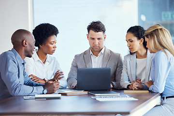 Image showing Meeting, focus and business people on laptop in office for planning, marketing strategy and project management. Teamwork, collaboration and group of workers on computer for email, internet and ideas