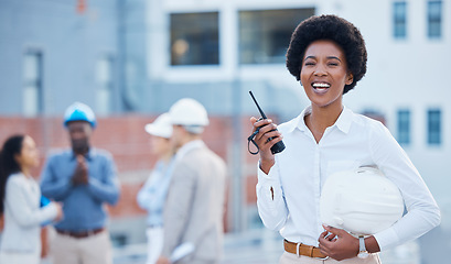 Image showing Engineer, walkie talkie and black woman with hard hat, portrait and happiness for new project, real estate or success. Face, African American female manager or employee with communication and outdoor