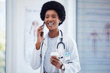 Image showing Woman, phone call and doctor in hospital talking on coffee break for healthcare, advice or consultation. Medical professional with smartphone for communication, conversation and telehealth contact