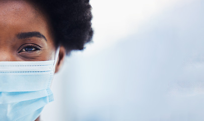 Image showing Black woman in face mask, healthcare and covid with portrait, mockup space and medical compliance for safety. Health insurance, virus and ppe, cropped and pandemic with professional in medicine