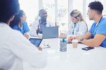 Image showing Healthcare, leader and black man in meeting, staff and brainstorming for schedule, deadline and innovation. African American male, staff or group share ideas, laptop or teamwork for procedure or cure