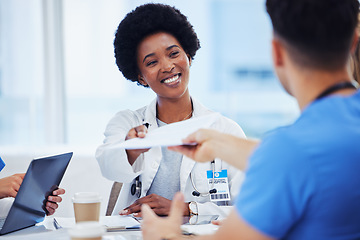 Image showing Healthcare, black woman and doctors with documents, feedback and review for report, admin and success. Female employee, staff and medical professional with forms, details and research for procedure