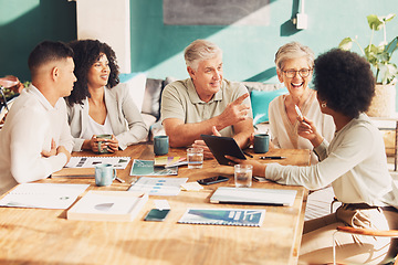 Image showing Business people, meeting and planning with comic laughing with diversity, teamwork or brainstorming. Startup, team building and funny group with strategy, solidarity or vision for man, women and goal