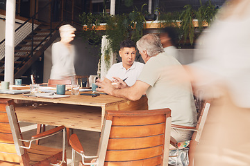 Image showing Busy, business people and meeting in modern office, conversation and brainstorming for project. Teamwork, staff and men in workplace, planning and profit growth with advertising campaign and sales