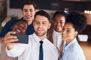 Image showing Selfie, group smile and business people in social media post, online corporate diversity and office staff photography. Happy professional friends, career influencer or employees in a profile picture