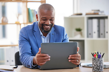 Image showing Happy, senior and businessman hands on laptop in office for celebration, good news or email. Smile, excited and mature ceo reading reviews, results or proposal for startup, company or loan approval