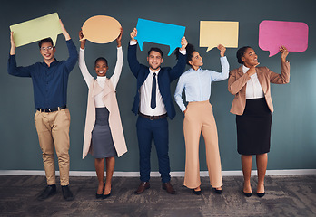 Image showing Diversity, staff and business people with speech bubbles, communications or ideas for new project. Multiracial, female coworkers or male employees with feedback, sign or voices with opinion and smile