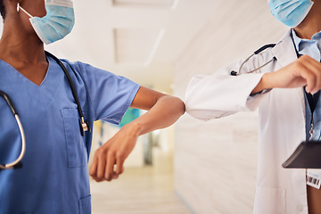 Image showing Covid, elbow or greeting with a doctor and nurse in a hospital working as a team for healthcare. Teamwork, medical and rules with professional medicine colleagues at work in a clinic during corona