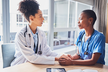 Image showing Doctors, mental health and mentor support intern, depression and in hospital with stress. Female employees, women and medical professionals with burnout, overworked and depressed in clinic and sad