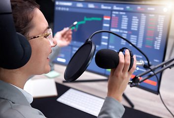 Image showing Trade, investment and woman with microphone, financial podcast and advice for budget and radio. Trading, female investor or manager with equipment, computer or happiness for accounting and consultant