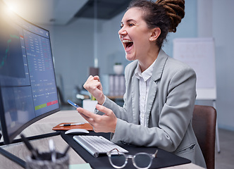 Image showing Celebration, trading and business woman celebrating successful stock market and good news in cryptocurrency. Data, success and winner employee working on growth for investment finance on a computer